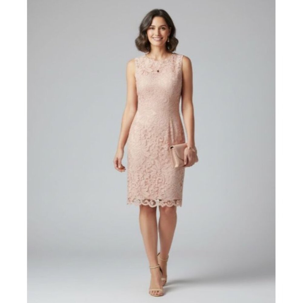 Tadashi Shoji Sheath Dress S Beige Rose Pink Lace Sleeveless